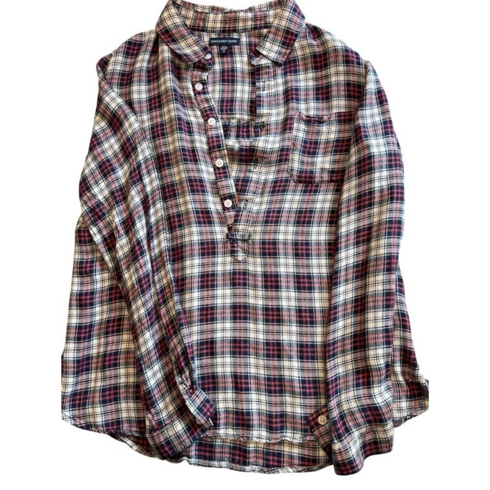Southern Plaid Henley Pullover Medium Viscose Cotton